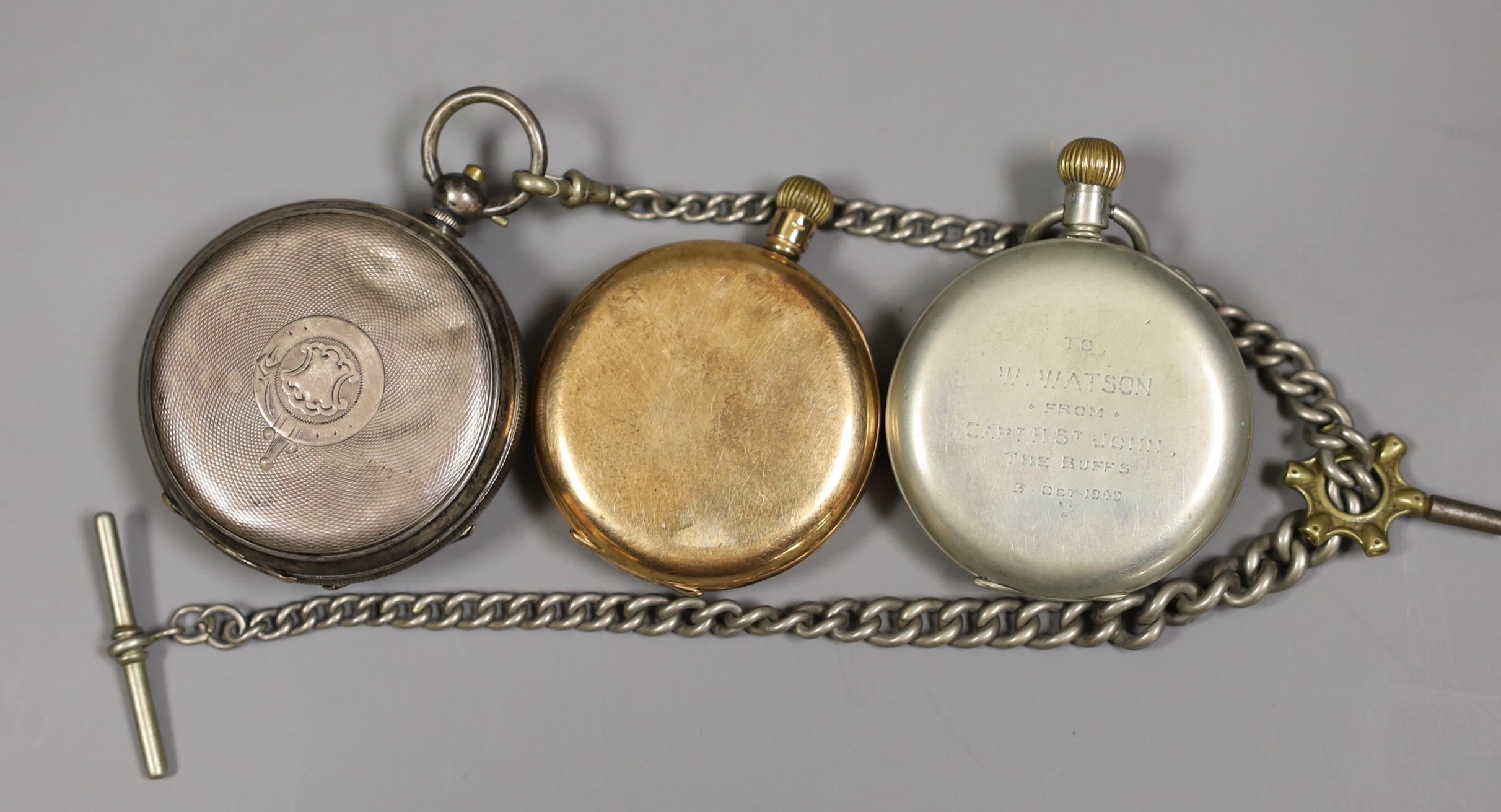 A 1920's 9ct gold half hunter keyless pocket watch by J.W. Benson, case diameter 48mm, gross weight 91.1 grams, together with an early 20th century silver open faced pocket watch, on a white metal albert and one other ba